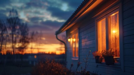 Obraz premium Warm lights glow from the windows of a house under the twilight sky casting a serene ambiance over the tranquil rural setting : Generative AI