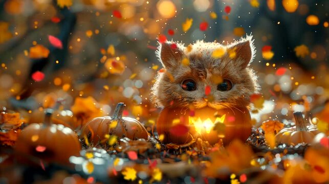 an adorable animals discovering a pumpkin patch just in time for Halloween. Seamless looping time-lapse virtual 4k video animation background
