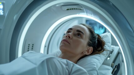 Process of emergency check up procedure with advanced medical technologies Female patient lies at MRI or CT or PET scan machine Hightech modern medical equipment Healthcare Service Clo : Generative AI