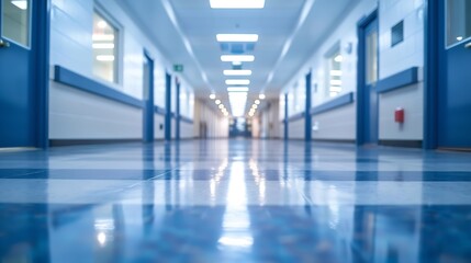 Fototapeta premium ABSTRACT BLUR CANTEEN ROOM BACKGROUND Office building or university lobby hall blur background with blurry school hallway corridor interior view toward empty corridor entrance : Generative AI