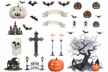 Halloween-themed illustrations including pumpkins, bats, haunted houses, and spooky decorations.