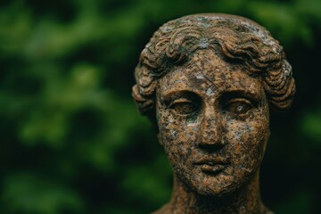 Obraz premium Weathered stone statue in lush green foliage