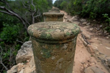 Naklejka premium Weathered stone pillar in a lush forest