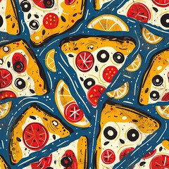 Fototapeta premium Pizza Pattern Design, Restaurant Menu Artwork, Food Illustration Art Wallpaper Concept, Pizzeria Fabric Textile, Culinary Abstract Background, Cheesy Colorful Cartoon Backdrop Drawing