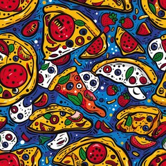 Pizza Pattern Design, Restaurant Menu Artwork, Food Illustration Art Wallpaper Concept, Pizzeria Fabric Textile, Culinary Abstract Background, Cheesy Colorful Cartoon Backdrop Drawing