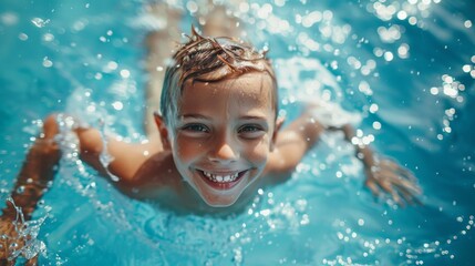 A young boy, his face alight with pure joy, swims in a refreshing pool. The water shimmers and sparkles, catching the sunlight as he glides through 