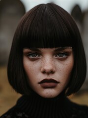 Fototapeta premium Mysterious woman with dark hair and piercing gaze