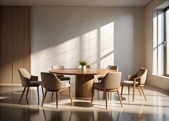 Modern minimalist 3D illustration of a sleek round table surrounded by six stylish chairs in a neutral colored empty room with subtle shadows and lighting.