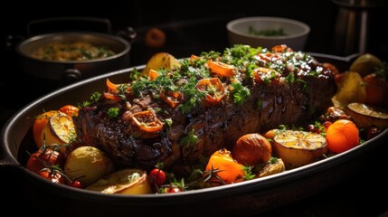 delicious pot roast meat with black and blur background