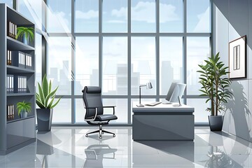 Illustration of Modern Office Interior with City Skyline View