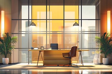 Office Interior Illustration with Large Windows and Sunset View