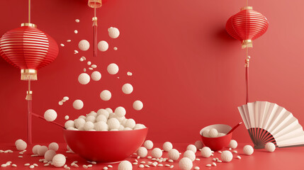 3D Yuanxiao poster. Illustration of sticky rice balls falling out from red bean soup with folded fans and Chinese lantern