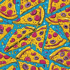 Fototapeta premium Pizza Pattern Design, Restaurant Menu Artwork, Food Illustration Art Wallpaper Concept, Pizzeria Fabric Textile, Culinary Abstract Background, Cheesy Colorful Cartoon Backdrop Drawing