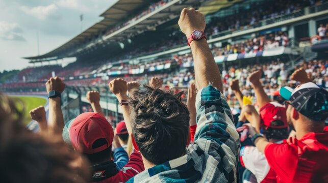 Fans raise their arms in the air, cheering on their favorite racer at the grand prix