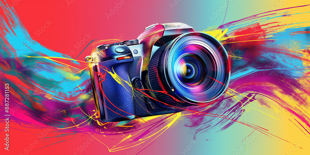 Poster digital camera is surrounded by colorful paint splashes