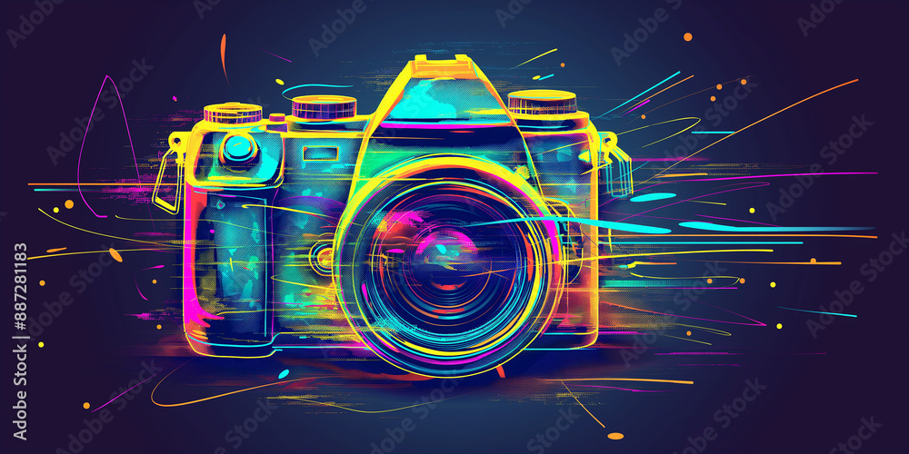 Poster Colorful artistic camera exploding with creativity and imagination