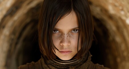 Fototapeta premium portrait of a serious young girl with dark hair and freckles