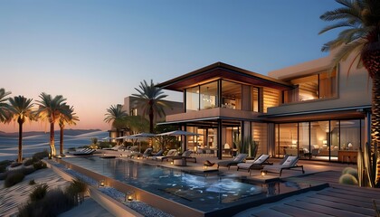 Fototapeta premium Luxury desert villa with pool at sunset. Architecture, travel, vacation.