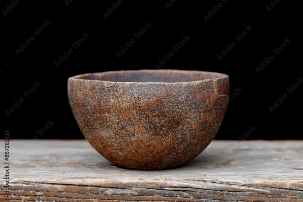 Sticker rustic wooden bowl on old wooden surface