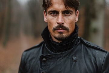 Fototapeta premium Serious man in black leather jacket