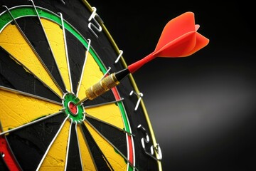 Close-up of a dart hitting the bullseye on a dartboard. Concept of accuracy, focus, and success in achieving goals and targets.