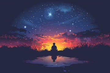 Naklejka premium Person Watching Starry Night Sky in Peaceful Wilderness