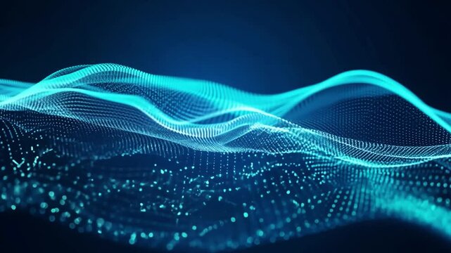 A digital rendering of a blue wave of particles on a dark background.
