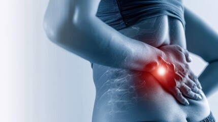 Close-up of a person experiencing lower back pain with highlighted red area, illustrating physical discomfort and health issues.