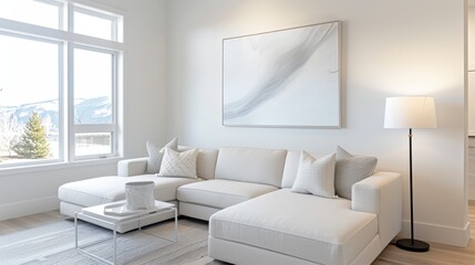 Modern and bright living room with minimalist white furniture, large window, and abstract wall art.