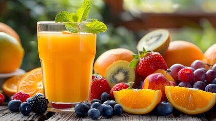 Fototapeta premium Fresh orange juice with fruits, isolated on white