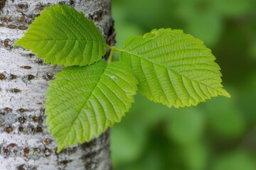 Vibrant green leaves against a birch tree trunk