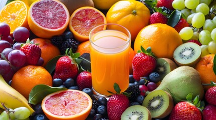 Fresh orange juice with fruits, isolated on white
