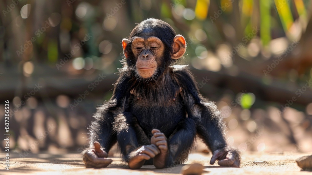 Poster a young chimpanzee sits in a field of green grass, contemplating the world around it. the sun shines