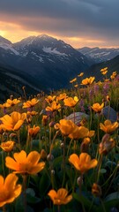 English mountain valley with beautiful yellow flowers sprouting in the springtime