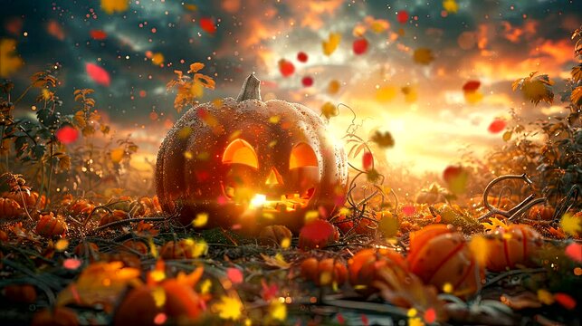an adorable animals discovering a pumpkin patch just in time for Halloween. Seamless looping time-lapse virtual 4k video animation background