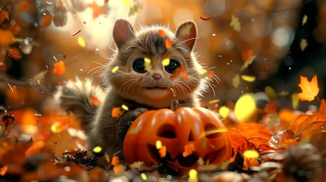 an adorable animals discovering a pumpkin patch just in time for Halloween. Seamless looping time-lapse virtual 4k video animation background