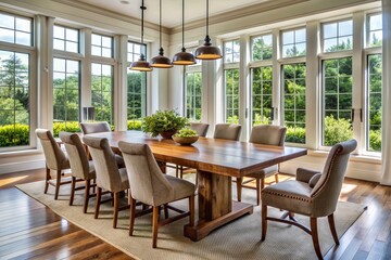 Sophisticated dining room with rustic wooden table and matching chairs, flooded with natural light, overlooking serene verdant surroundings through large windows.