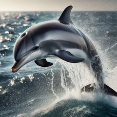 Obraz premium High-speed photography of a dolphin jumping fast at the sea, motion blur and fast shutter speed