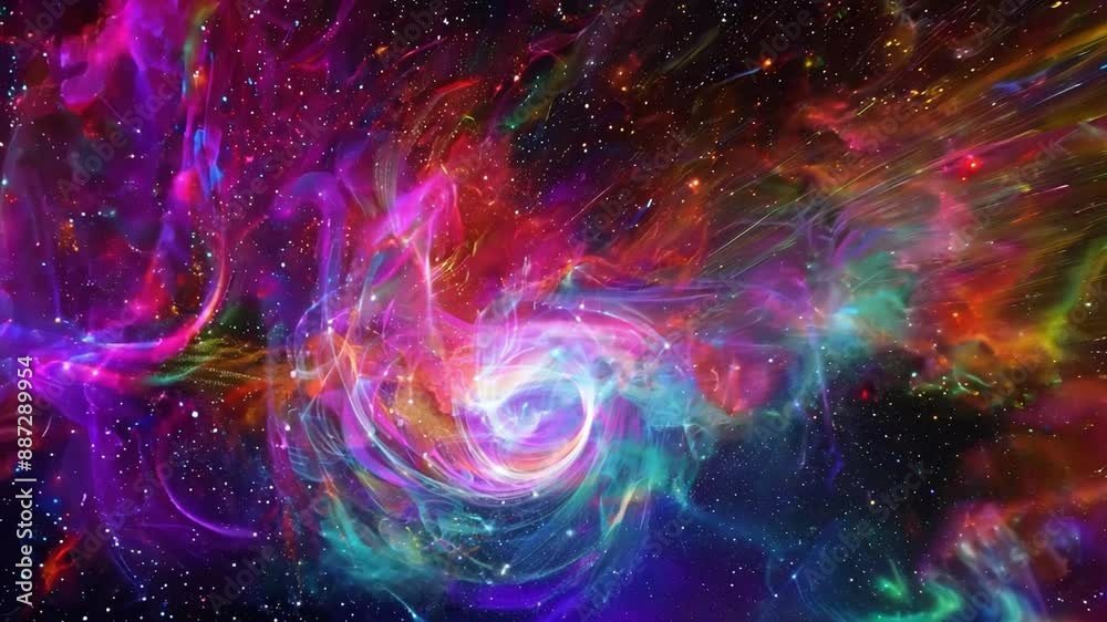 Poster a swirling nebula in space with vibrant colors and a starry background.
