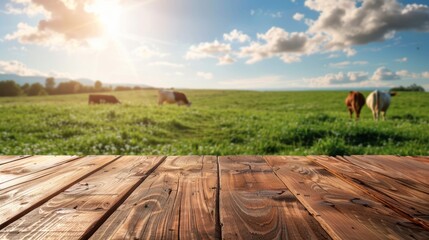 A weathered wooden table top sits in the foreground with a blurred background of a green meadow with cows grazing peacefully under a sunny sky