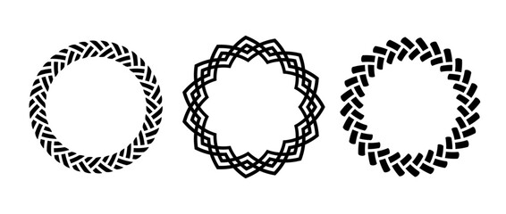 Obraz premium Retro knot circle frame set. Vintage celtic round border collection. Braid and rope ornament and motif pattern for banner, poster, frame, border. Black circular design elements bundle. Vector pack