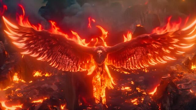 Phoenix Rising: A mythical phoenix rises dramatically from a sea of flames, a symbol of rebirth and transformation. The fiery artwork captures the bird's majestic wings and the intense heat.