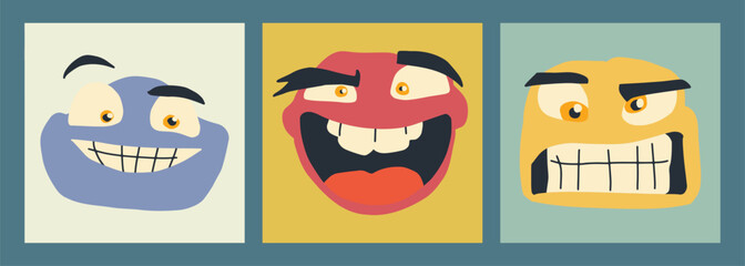 Abstract, facial images, various emotions, retro colors, fun, illustrations, vectors