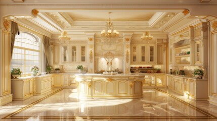 Fototapeta premium Luxurious kitchen with ornate, classic design details, polished marble floors, and elegant gold accents. Spacious and bright with natural lighting.