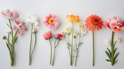 Obraz premium Flat lay of fresh flowers on white background. 