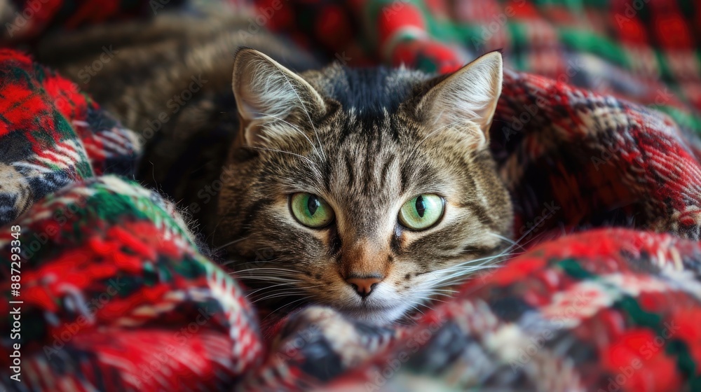 Wall mural Mixed breed cat with green eyes cuddles on tartan plaid in cold weather Home or hotel setting