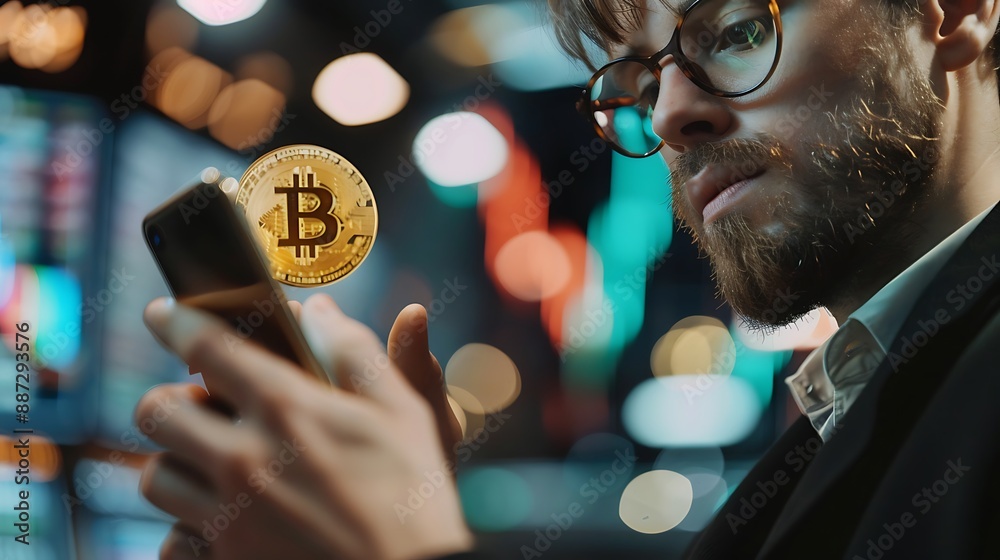 Poster man using mobile phone to check cryptocurrency trader bitcoin market value. ai generated