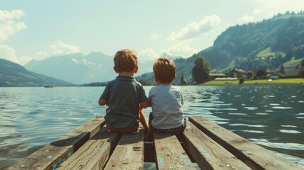 Fototapeta premium Two young boys sit side by side on a wooden dock, their backs to the camera. They gaze out at the breathtaking scenery of a large body of water with rolling green hills and majestic mountains 