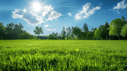 Obraz premium Wide Angle View of a Beautiful Spring Green Grass Field with Trees and Blue Sky with Clouds on a Sunny Day