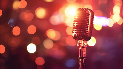 Vintage microphone on stage blurred background with bokeh lights, copy space for text. retro style concept of old school singing competition or karaoke night event banner. Podcaster vintage time